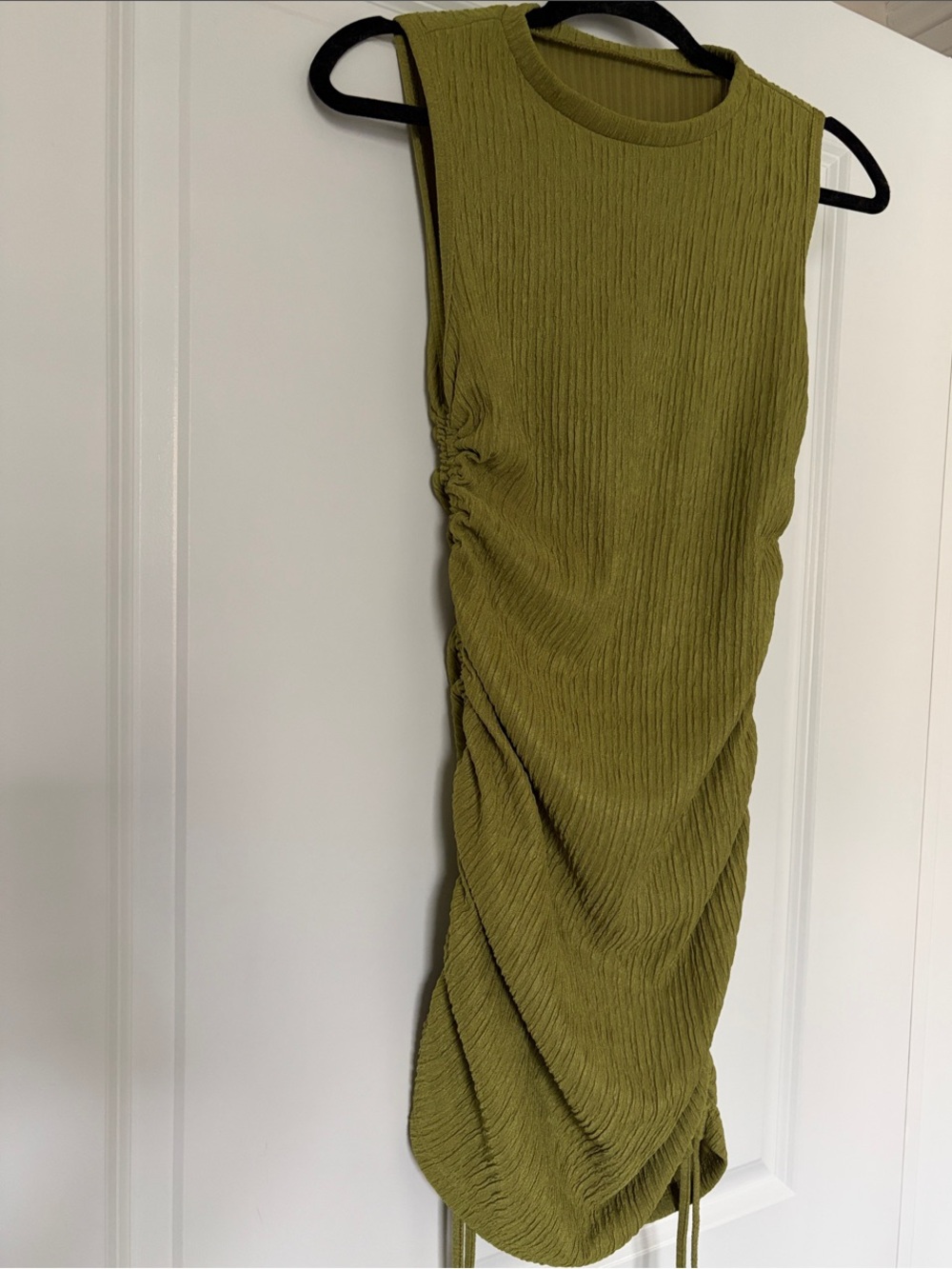 Sleeveless Textured Green Ruched Adjustable Ties Beach Party VacationDress Small